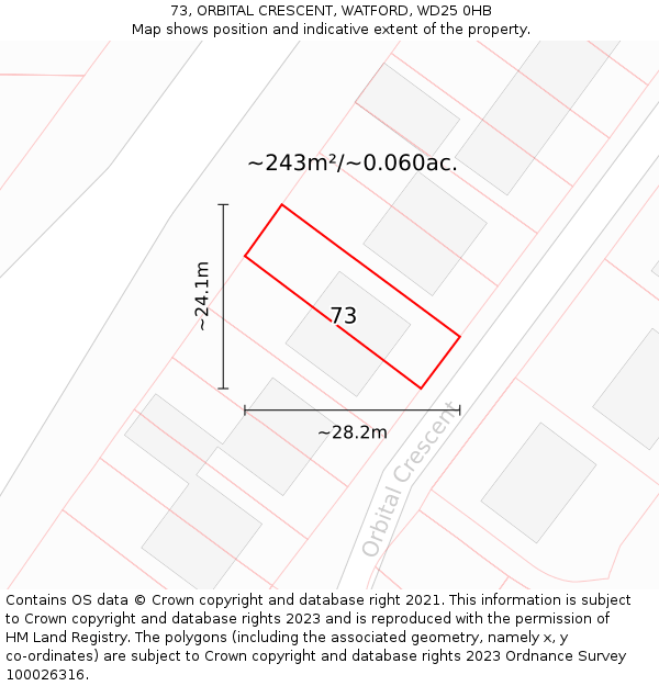 73, ORBITAL CRESCENT, WATFORD, WD25 0HB: Plot and title map