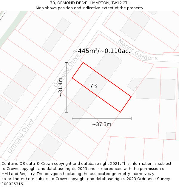 73, ORMOND DRIVE, HAMPTON, TW12 2TL: Plot and title map