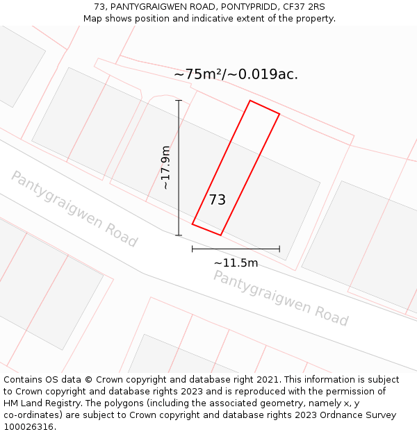 73, PANTYGRAIGWEN ROAD, PONTYPRIDD, CF37 2RS: Plot and title map