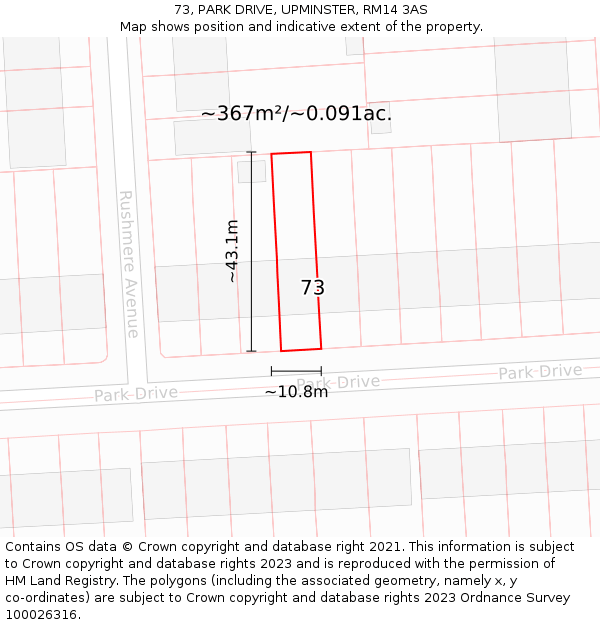 73, PARK DRIVE, UPMINSTER, RM14 3AS: Plot and title map