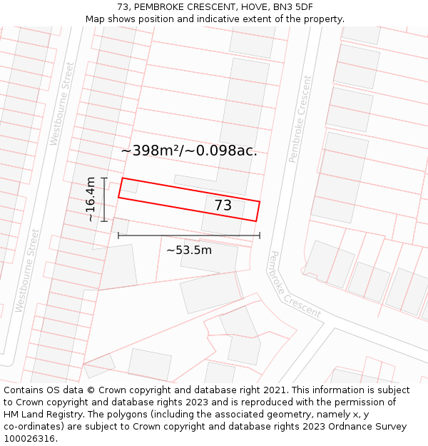 73, PEMBROKE CRESCENT, HOVE, BN3 5DF: Plot and title map