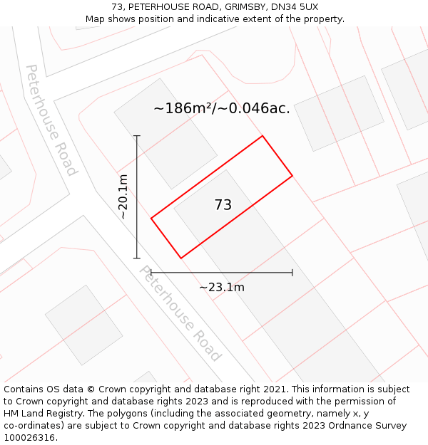 73, PETERHOUSE ROAD, GRIMSBY, DN34 5UX: Plot and title map