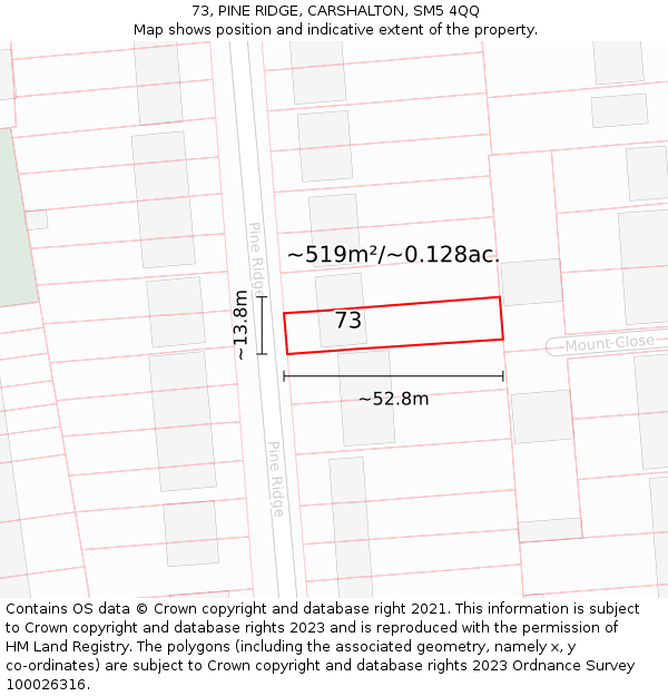 73, PINE RIDGE, CARSHALTON, SM5 4QQ: Plot and title map