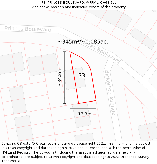 73, PRINCES BOULEVARD, WIRRAL, CH63 5LL: Plot and title map