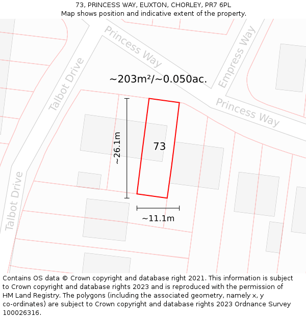 73, PRINCESS WAY, EUXTON, CHORLEY, PR7 6PL: Plot and title map
