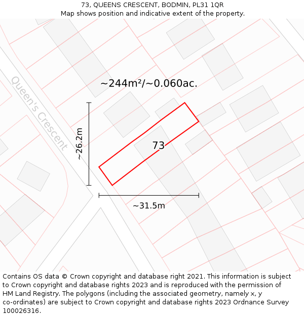 73, QUEENS CRESCENT, BODMIN, PL31 1QR: Plot and title map