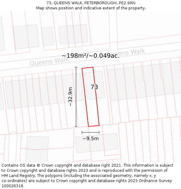 73, QUEENS WALK, PETERBOROUGH, PE2 9AN: Plot and title map