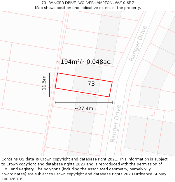 73, RANGER DRIVE, WOLVERHAMPTON, WV10 6BZ: Plot and title map