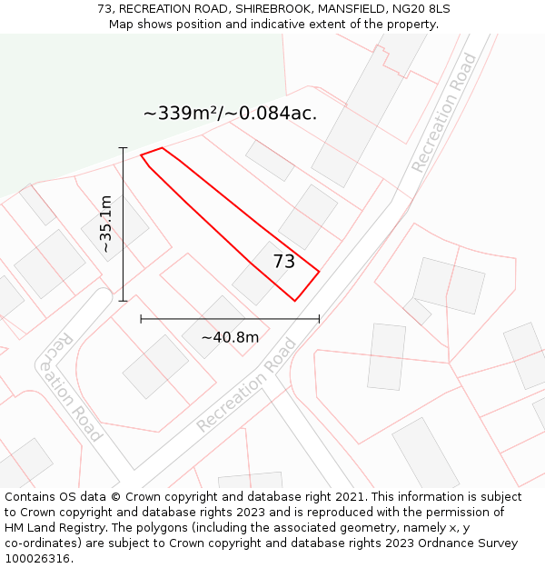 73, RECREATION ROAD, SHIREBROOK, MANSFIELD, NG20 8LS: Plot and title map