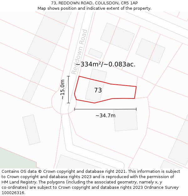 73, REDDOWN ROAD, COULSDON, CR5 1AP: Plot and title map