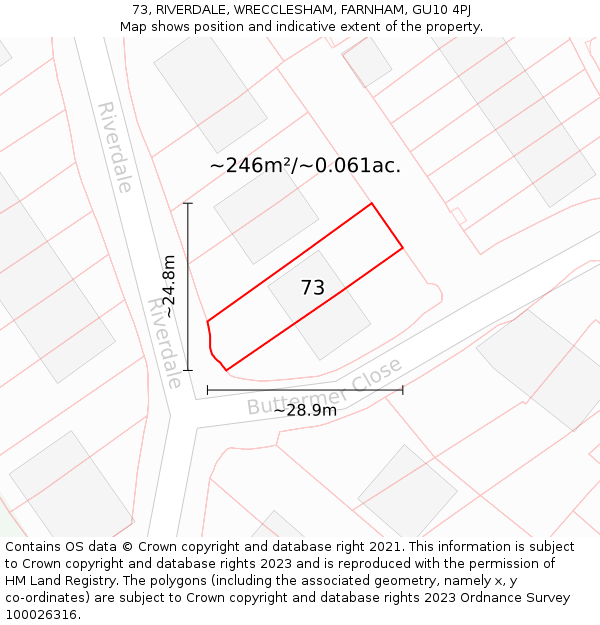 73, RIVERDALE, WRECCLESHAM, FARNHAM, GU10 4PJ: Plot and title map