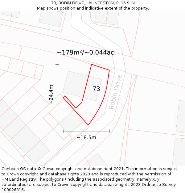 73, ROBIN DRIVE, LAUNCESTON, PL15 9LN: Plot and title map