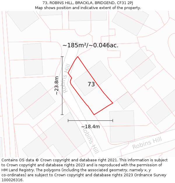 73, ROBINS HILL, BRACKLA, BRIDGEND, CF31 2PJ: Plot and title map