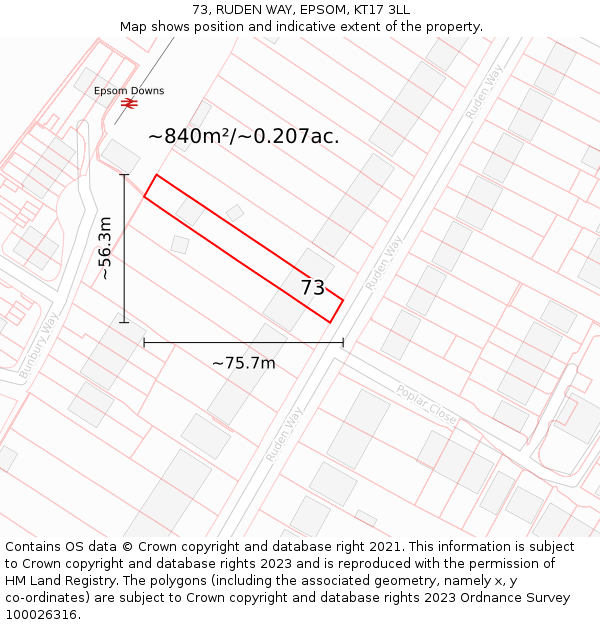 73, RUDEN WAY, EPSOM, KT17 3LL: Plot and title map