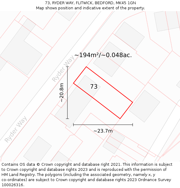 73, RYDER WAY, FLITWICK, BEDFORD, MK45 1GN: Plot and title map