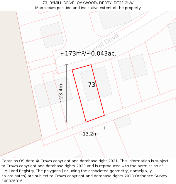 73, RYMILL DRIVE, OAKWOOD, DERBY, DE21 2UW: Plot and title map