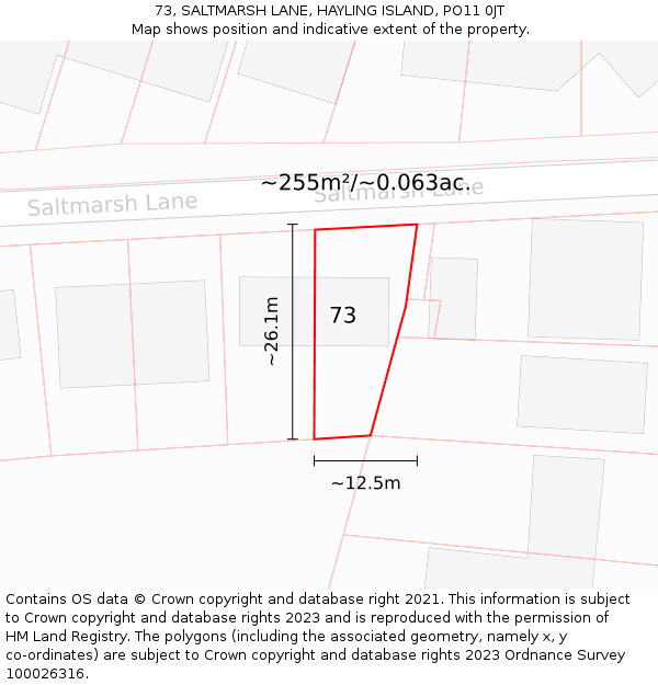 73, SALTMARSH LANE, HAYLING ISLAND, PO11 0JT: Plot and title map