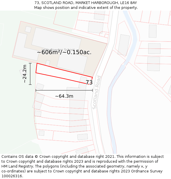 73, SCOTLAND ROAD, MARKET HARBOROUGH, LE16 8AY: Plot and title map
