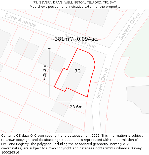 73, SEVERN DRIVE, WELLINGTON, TELFORD, TF1 3HT: Plot and title map