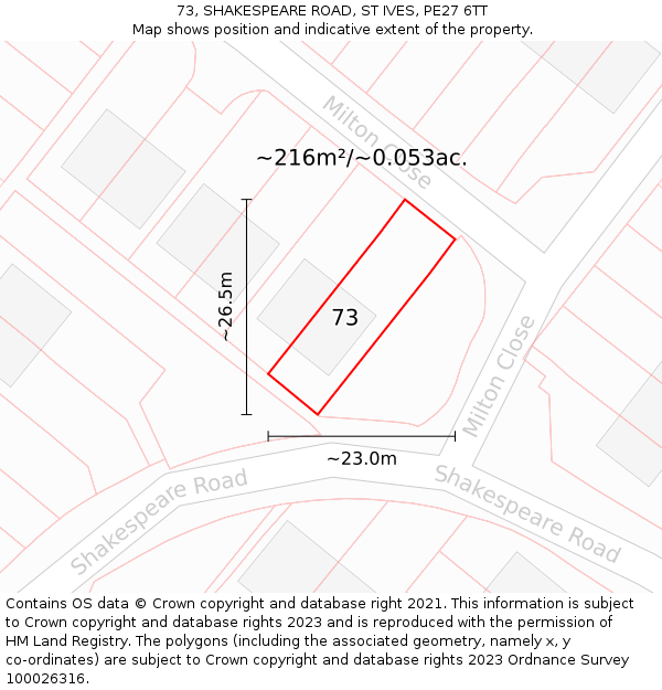 73, SHAKESPEARE ROAD, ST IVES, PE27 6TT: Plot and title map
