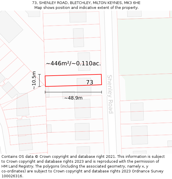 73, SHENLEY ROAD, BLETCHLEY, MILTON KEYNES, MK3 6HE: Plot and title map