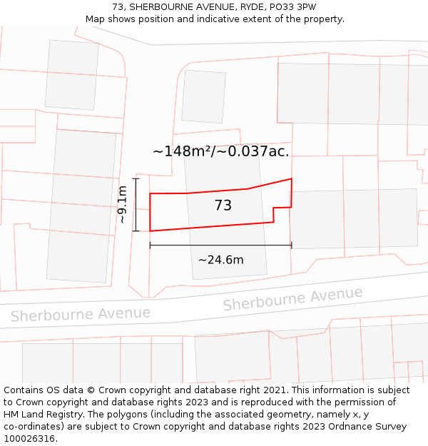 73, SHERBOURNE AVENUE, RYDE, PO33 3PW: Plot and title map
