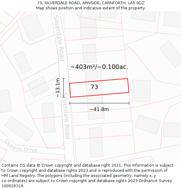 73, SILVERDALE ROAD, ARNSIDE, CARNFORTH, LA5 0DZ: Plot and title map