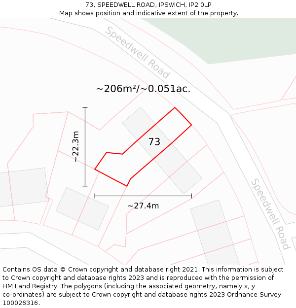 73, SPEEDWELL ROAD, IPSWICH, IP2 0LP: Plot and title map