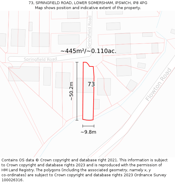 73, SPRINGFIELD ROAD, LOWER SOMERSHAM, IPSWICH, IP8 4PG: Plot and title map