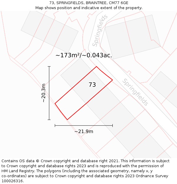 73, SPRINGFIELDS, BRAINTREE, CM77 6GE: Plot and title map