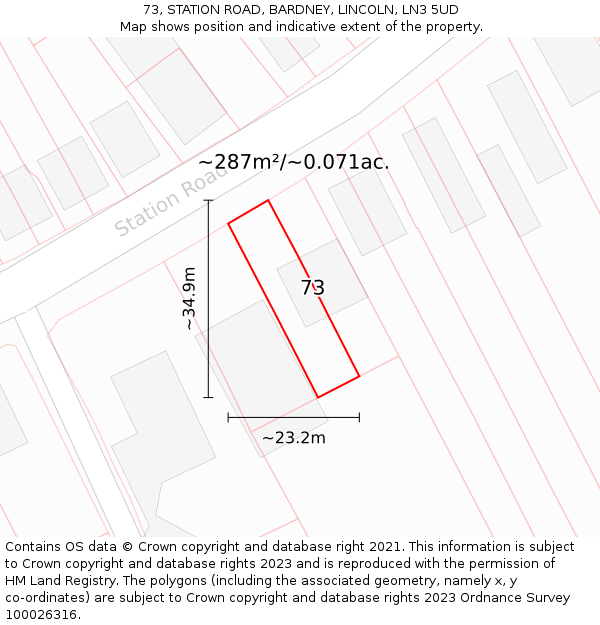 73, STATION ROAD, BARDNEY, LINCOLN, LN3 5UD: Plot and title map