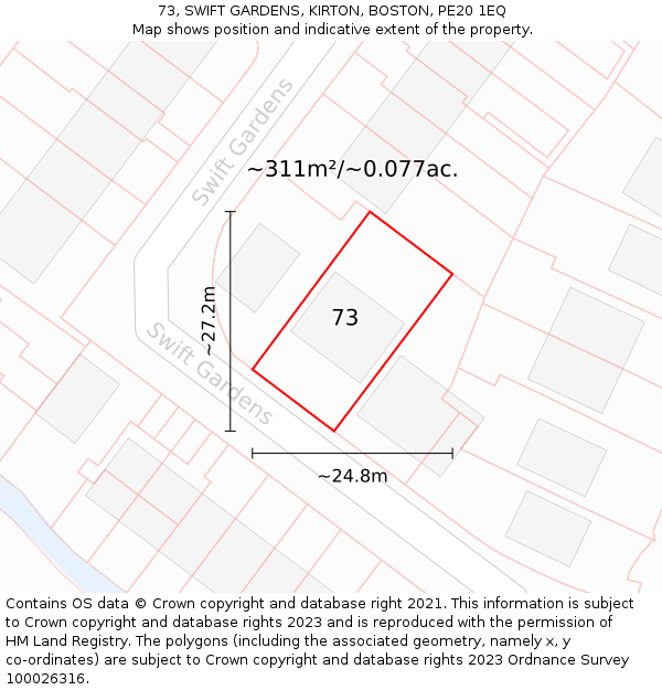 73, SWIFT GARDENS, KIRTON, BOSTON, PE20 1EQ: Plot and title map