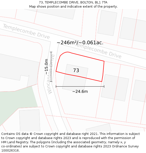 73, TEMPLECOMBE DRIVE, BOLTON, BL1 7TA: Plot and title map