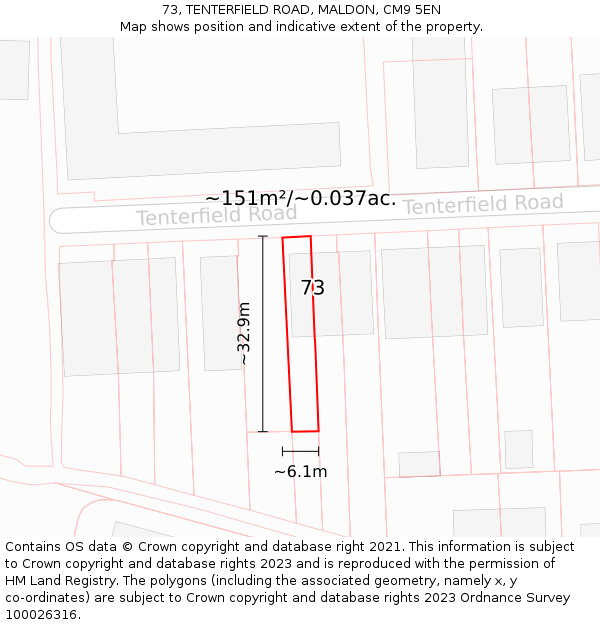 73, TENTERFIELD ROAD, MALDON, CM9 5EN: Plot and title map