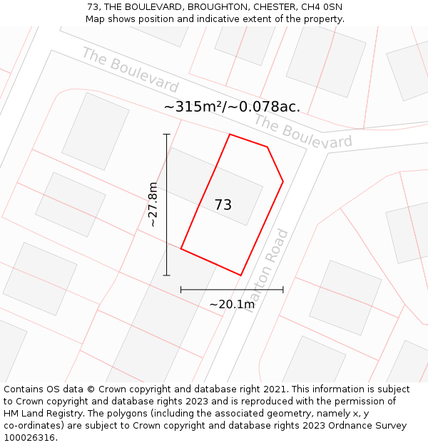 73, THE BOULEVARD, BROUGHTON, CHESTER, CH4 0SN: Plot and title map