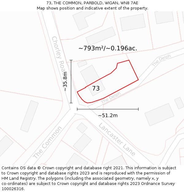 73, THE COMMON, PARBOLD, WIGAN, WN8 7AE: Plot and title map