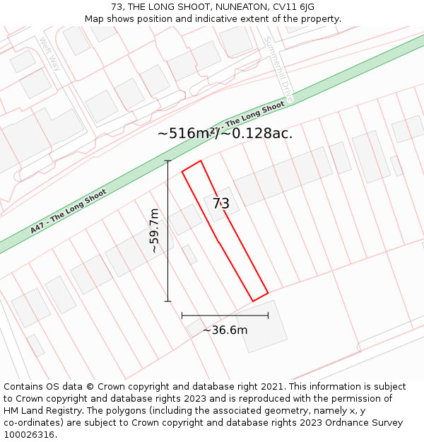 73, THE LONG SHOOT, NUNEATON, CV11 6JG: Plot and title map