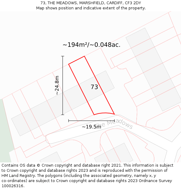 73, THE MEADOWS, MARSHFIELD, CARDIFF, CF3 2DY: Plot and title map
