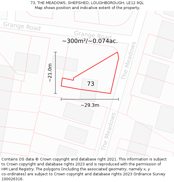 73, THE MEADOWS, SHEPSHED, LOUGHBOROUGH, LE12 9QL: Plot and title map