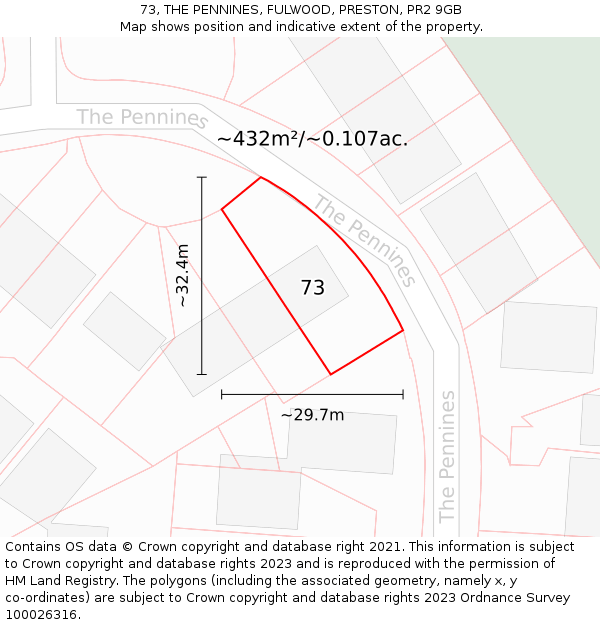 73, THE PENNINES, FULWOOD, PRESTON, PR2 9GB: Plot and title map