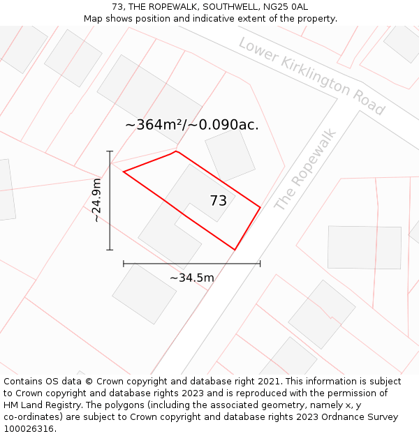 73, THE ROPEWALK, SOUTHWELL, NG25 0AL: Plot and title map
