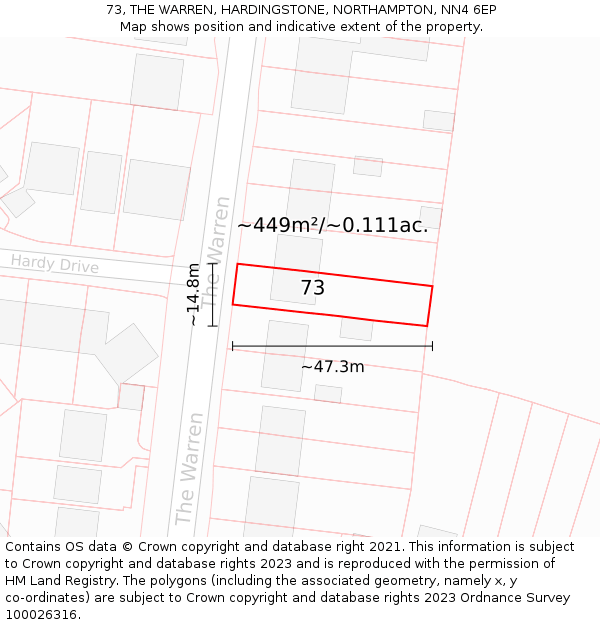 73, THE WARREN, HARDINGSTONE, NORTHAMPTON, NN4 6EP: Plot and title map