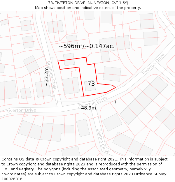 73, TIVERTON DRIVE, NUNEATON, CV11 6YJ: Plot and title map
