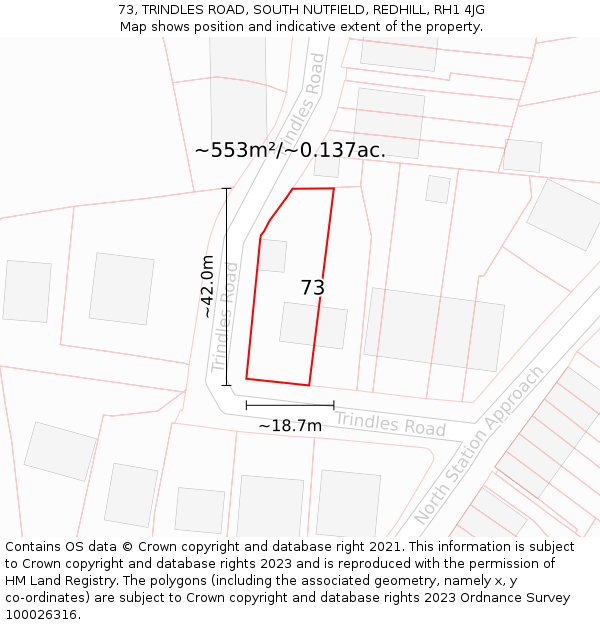 73, TRINDLES ROAD, SOUTH NUTFIELD, REDHILL, RH1 4JG: Plot and title map