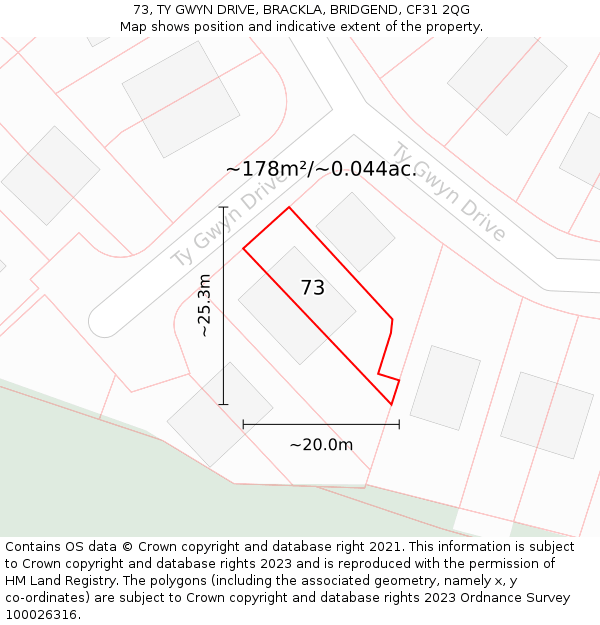 73, TY GWYN DRIVE, BRACKLA, BRIDGEND, CF31 2QG: Plot and title map
