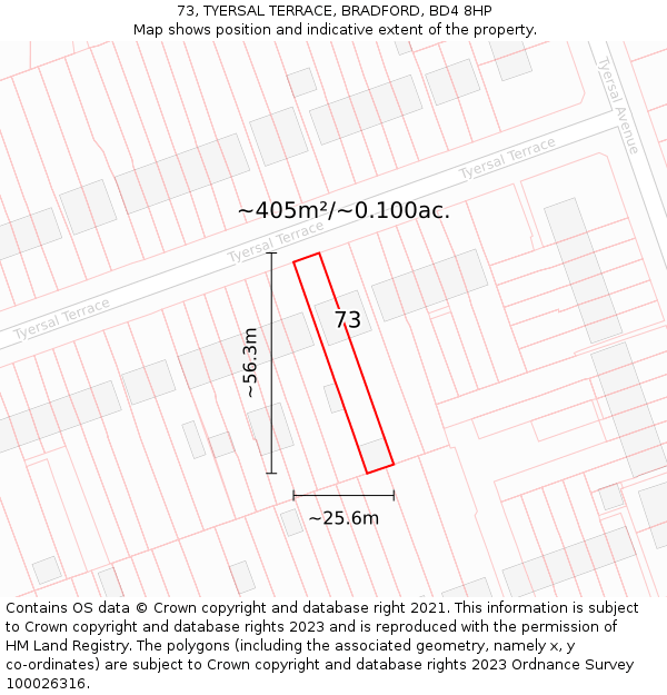 73, TYERSAL TERRACE, BRADFORD, BD4 8HP: Plot and title map