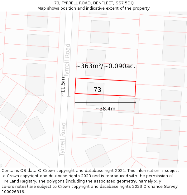 73, TYRRELL ROAD, BENFLEET, SS7 5DQ: Plot and title map