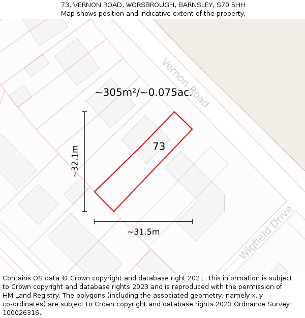 73, VERNON ROAD, WORSBROUGH, BARNSLEY, S70 5HH: Plot and title map