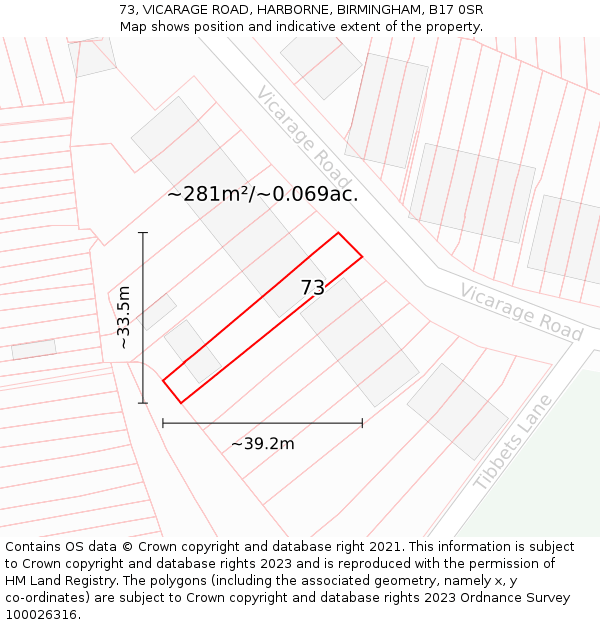 73, VICARAGE ROAD, HARBORNE, BIRMINGHAM, B17 0SR: Plot and title map