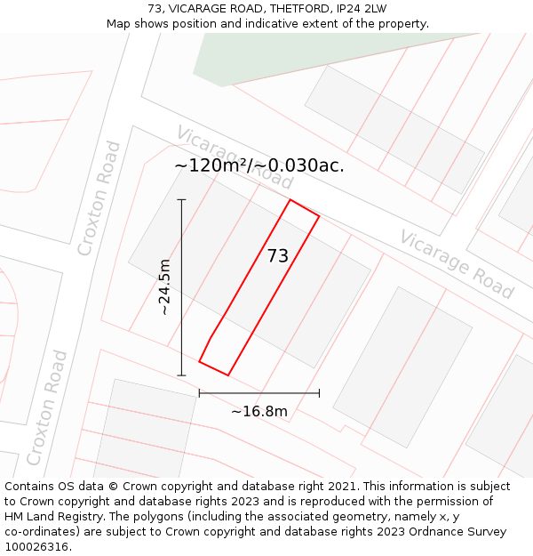 73, VICARAGE ROAD, THETFORD, IP24 2LW: Plot and title map